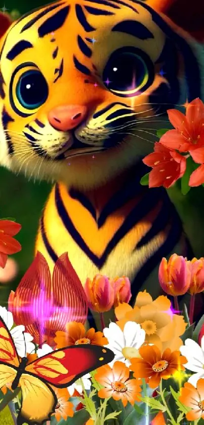 Cute tiger surrounded by colorful flowers and butterflies.