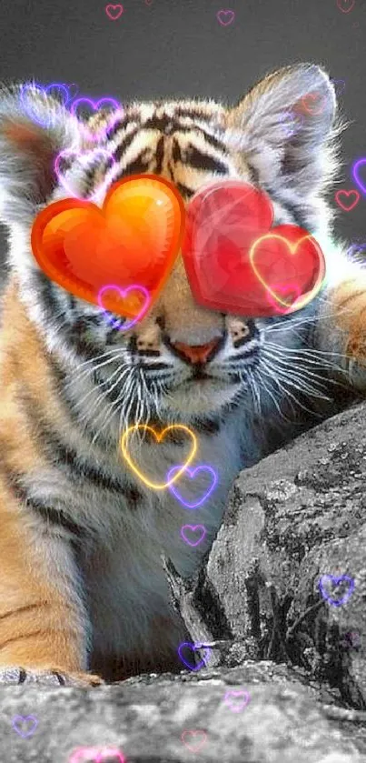 Tiger cub with heart-shaped eyes in a whimsical black and white scene.