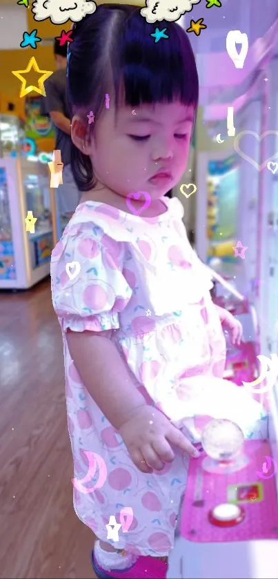 Adorable toddler in pastel arcade setting, surrounded by whimsical graphics.