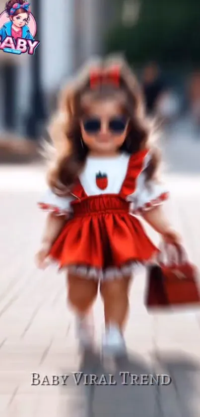 Adorable toddler in a vibrant red dress holding a bag, captured in a playful pose.