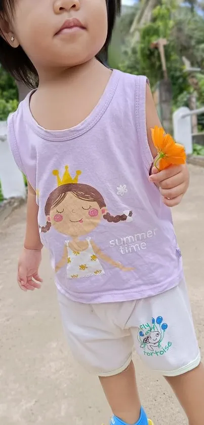 Cute toddler in a purple outfit holding a flower in a garden.