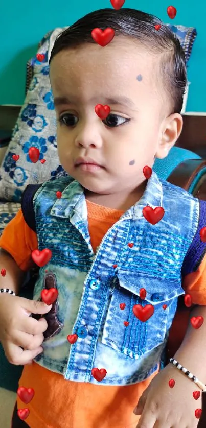 Cute toddler in orange and blue outfit indoors.