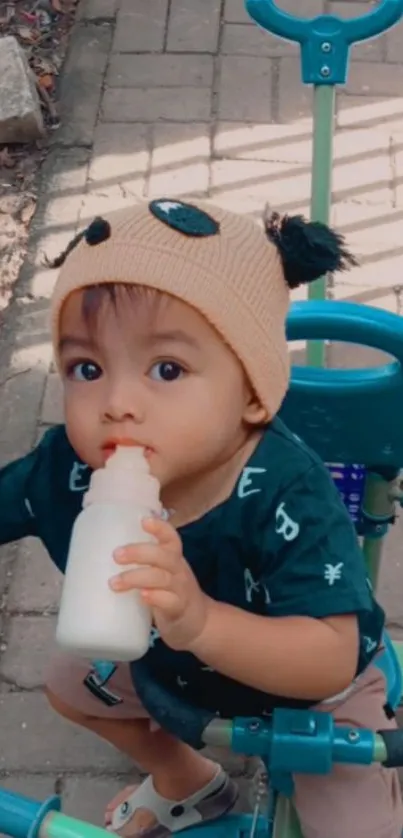 Adorable baby wearing a beanie, riding a tricycle, holding a bottle.