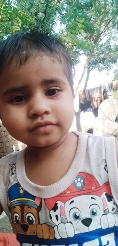 Adorable toddler plays outside under green trees on a sunny day.