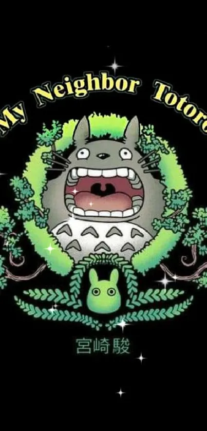 Cute Totoro anime wallpaper with green accents on black background.