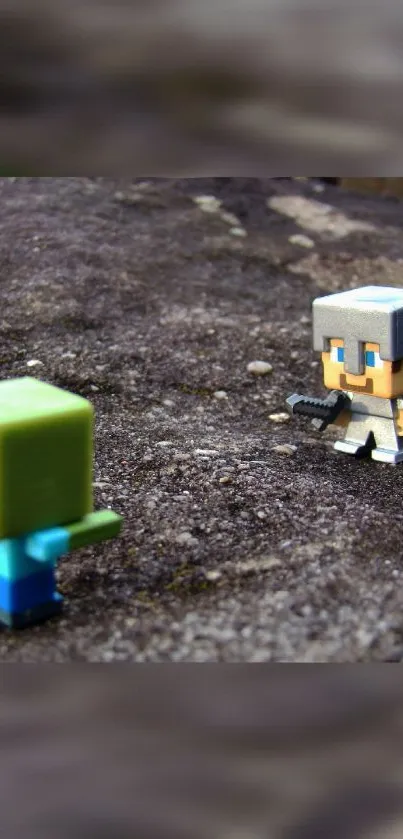 Pixelated toys in a playful battle scene on a rocky surface.