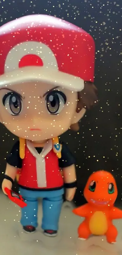 Cute toy figure wearing a red cap with an orange companion on a dark background.