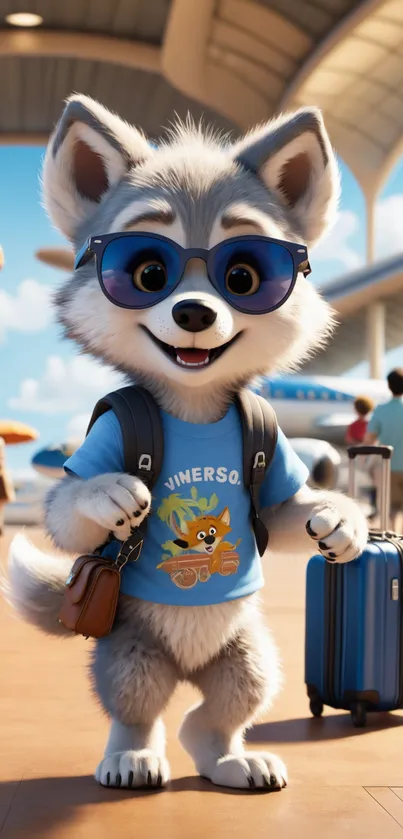 Cute cartoon puppy at airport in blue shirt and sunglasses.