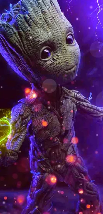 Cute tree character with glowing effects and vivid colors on a mobile wallpaper.