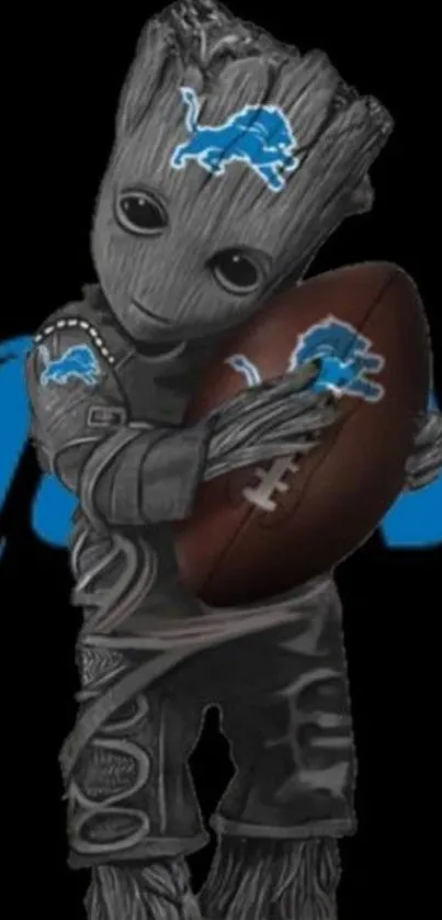 Cute character holding a football on a black background.