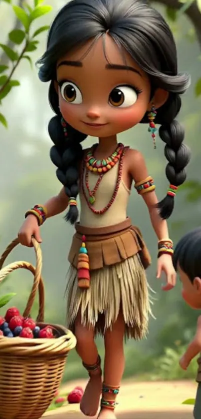 Cute animated tribal girl with basket in forest.