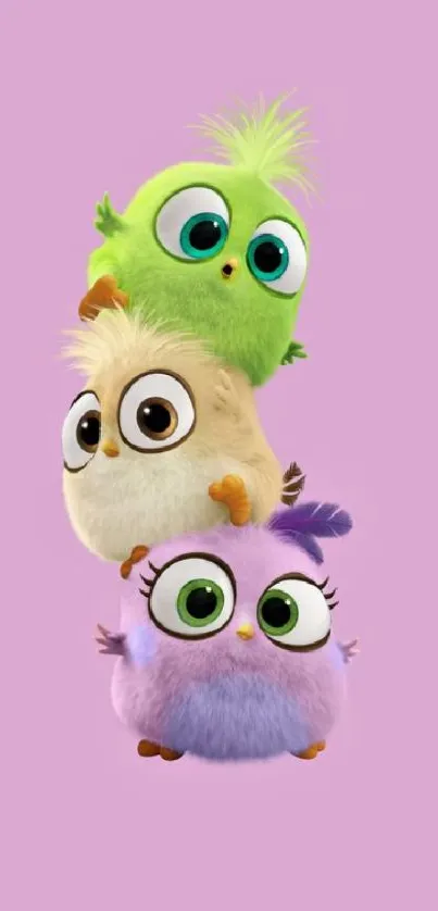 Adorable cartoon birds stacked on pink background.