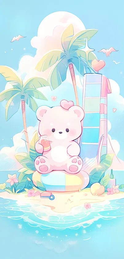 Cute bear on tropical island with palm trees and pastel colors.