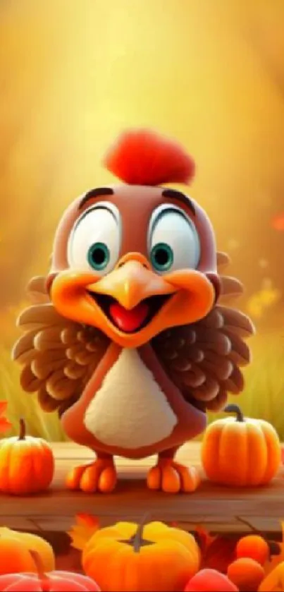 Cute cartoon turkey with pumpkins and autumn leaves on a mobile wallpaper.