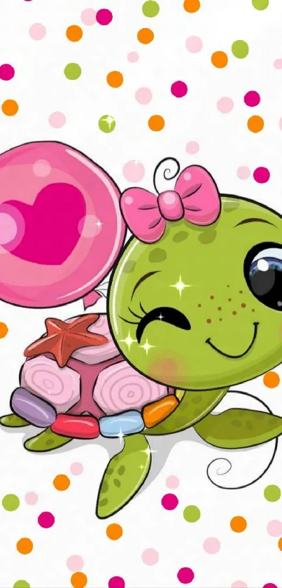 Adorable winking turtle with a pink balloon and polka dots background.