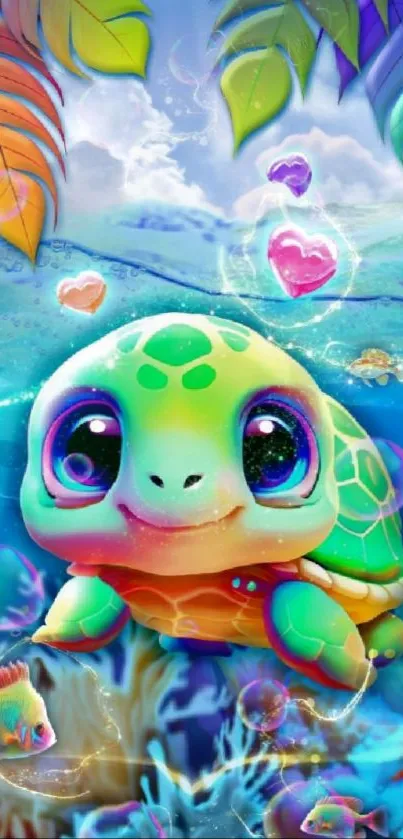 Charming colorful turtle in a vibrant underwater fantasy world.