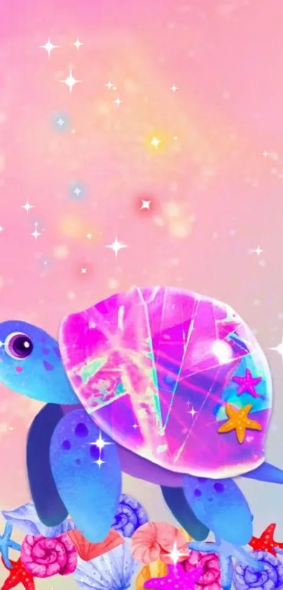 Vibrant turtle with galaxy shell on pink background.