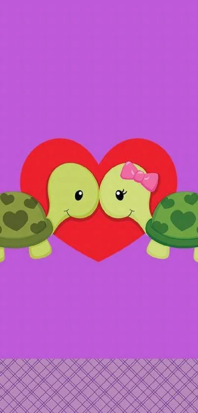 Cute turtle couple on a purple background with a heart, ideal for mobile wallpaper.