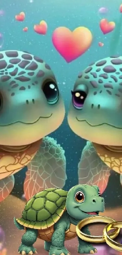 Cute turtles with hearts and rings in a colorful underwater scene.