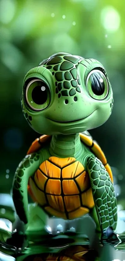 Adorable cartoon baby turtle in water.