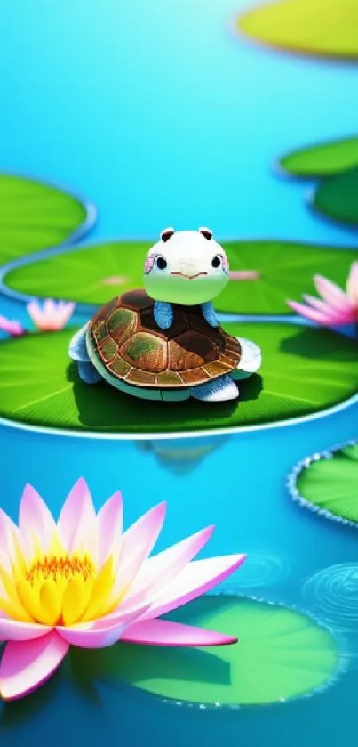 Cute turtle on lily pad with pink flowers in serene water setting.