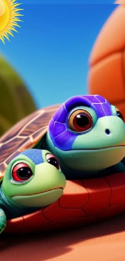 Two cartoon turtles under a sunny sky with vibrant colors.