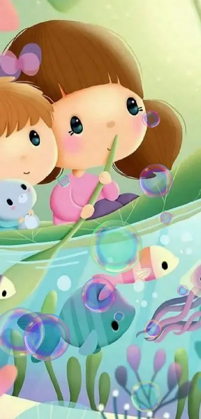 Cute children in a boat with aquatic life and greenery.