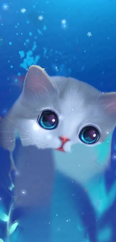 Cute cat with large eyes in an underwater scene wallpaper.