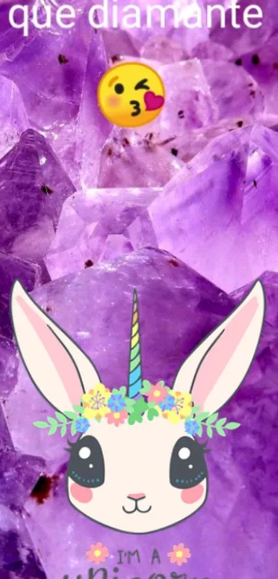 Cute unicorn on amethyst background, emoji added.