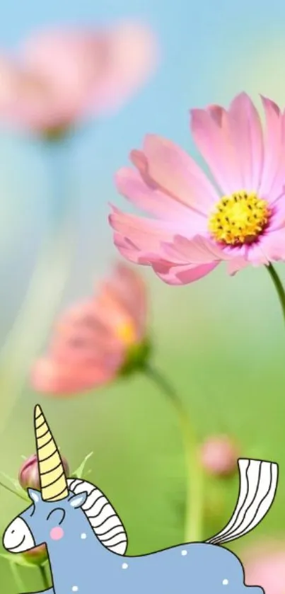 Adorable unicorn with pink flowers on a light blue background.