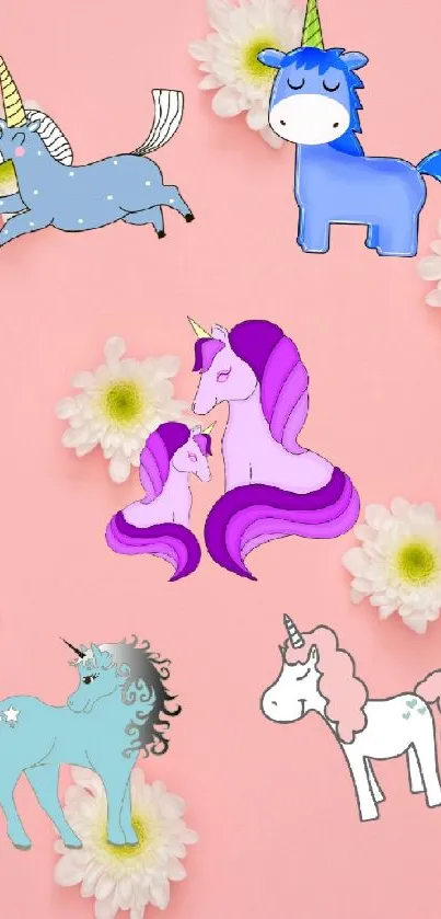 Cute unicorns and flowers on pink background wallpaper.