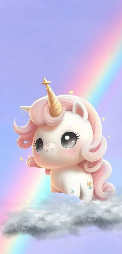 Adorable unicorn on a cloud with rainbow background.