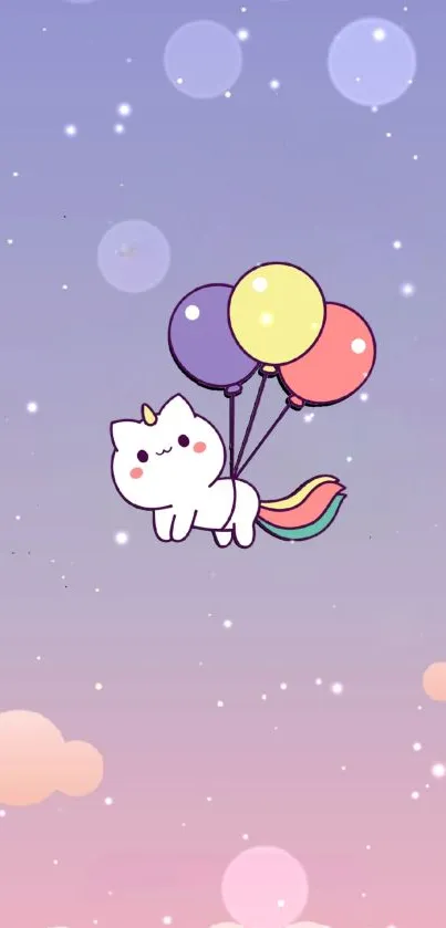 Cute unicorn with colorful balloons flying in a pastel sky wallpaper.