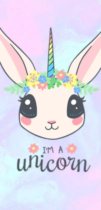 Cute unicorn bunny with pastel florals and text 'I'm a unicorn' on purple background.