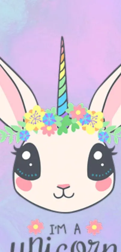 Cute unicorn bunny with floral headband on pastel background.