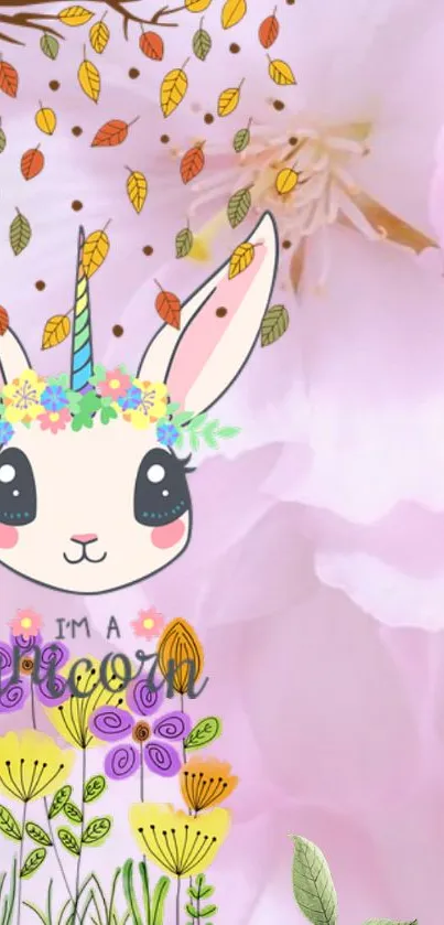 Cute unicorn bunny with flowers and pastel pink background.