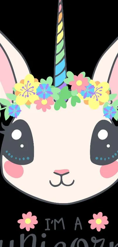 Cute unicorn bunny with floral crown on black background.