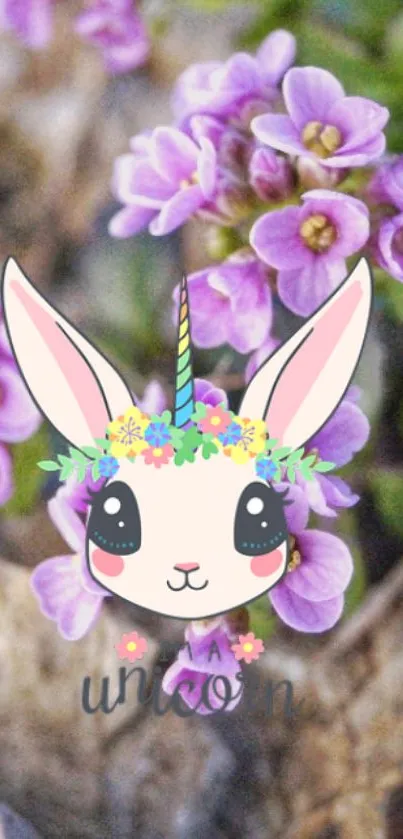 Cute unicorn bunny with purple flowers.