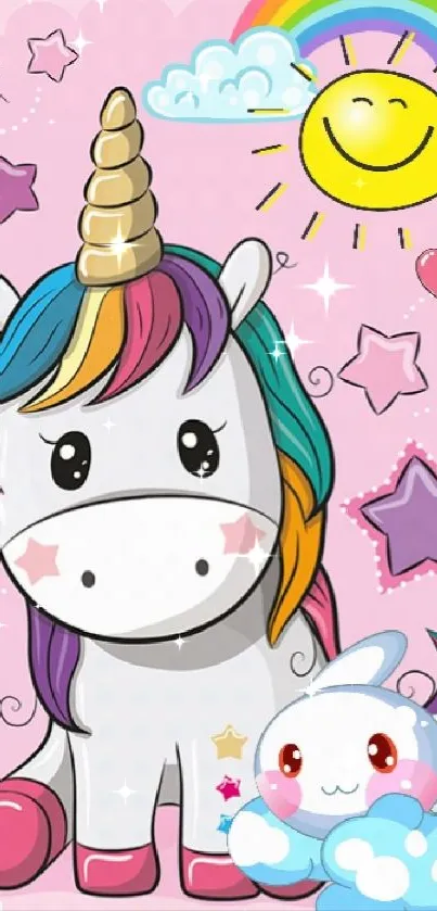 Cute cartoon unicorn with stars and rainbow on a pink background.