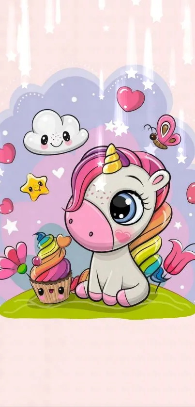 Colorful cartoon unicorn with cupcake and hearts.