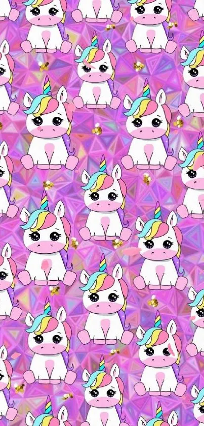 Pink cartoon unicorns with a geometric background.