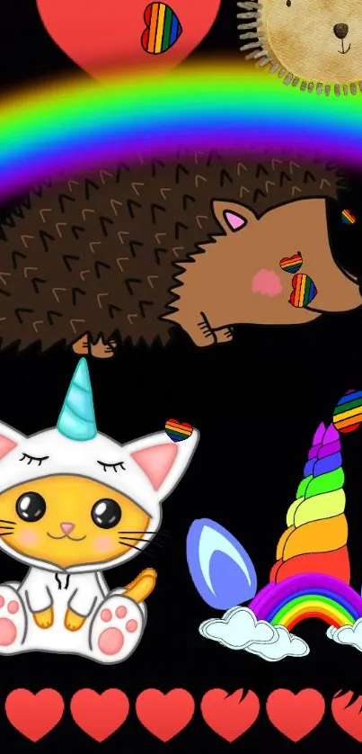 Cute wallpaper featuring a unicorn cat, rainbow, and hearts.