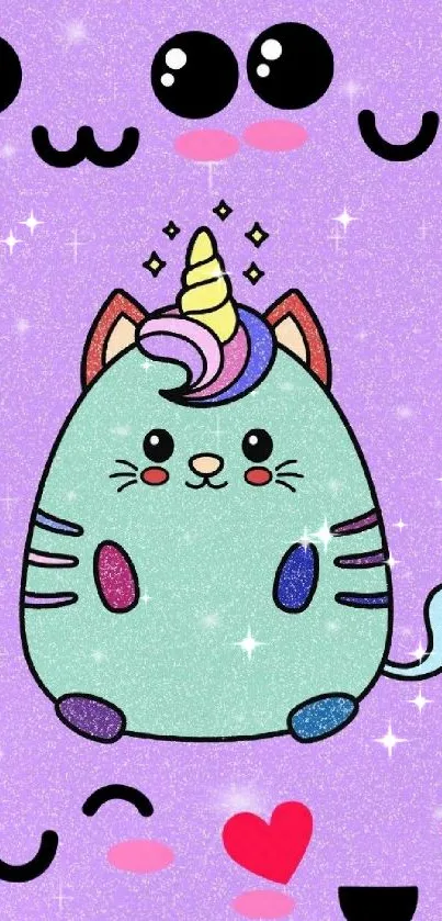 Cute cartoon unicorn cat on pastel background wallpaper.