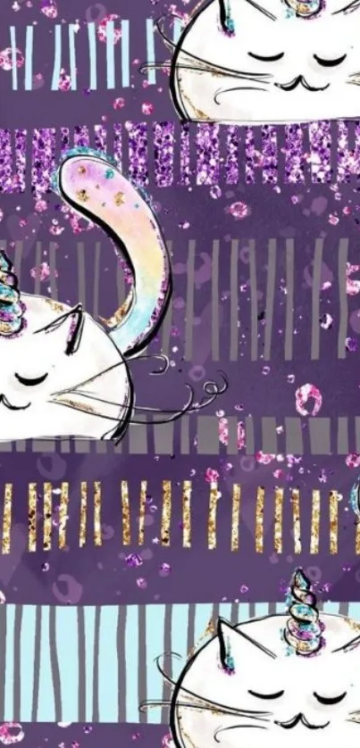 Whimsical unicorn cats on a purple background.