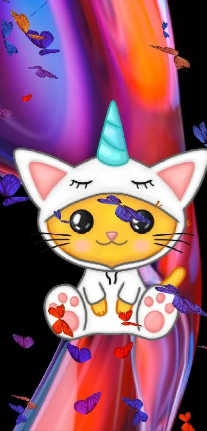 Cute cat dressed as a unicorn on a vibrant abstract background.