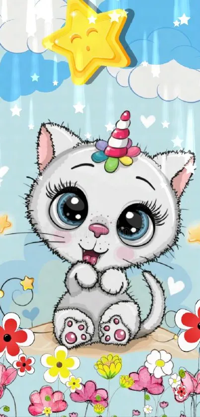 Adorable unicorn cat wallpaper with a cute fantasy design in pastel colors.