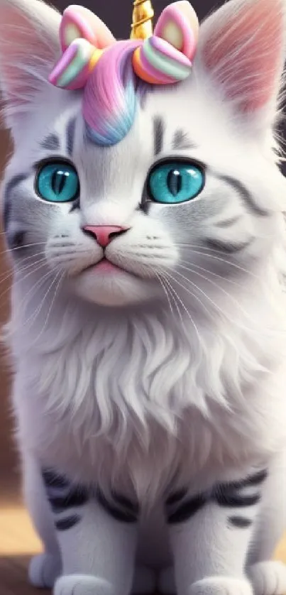 Fluffy white kitten with unicorn horn and blue eyes.