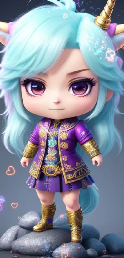 Cute unicorn character with teal hair and purple outfit on a rock.