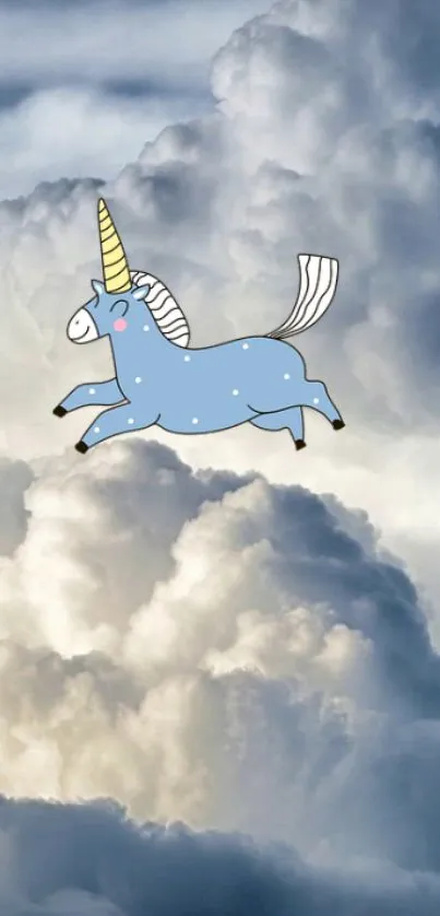 Cute unicorn floating over fluffy white clouds in whimsical wallpaper.