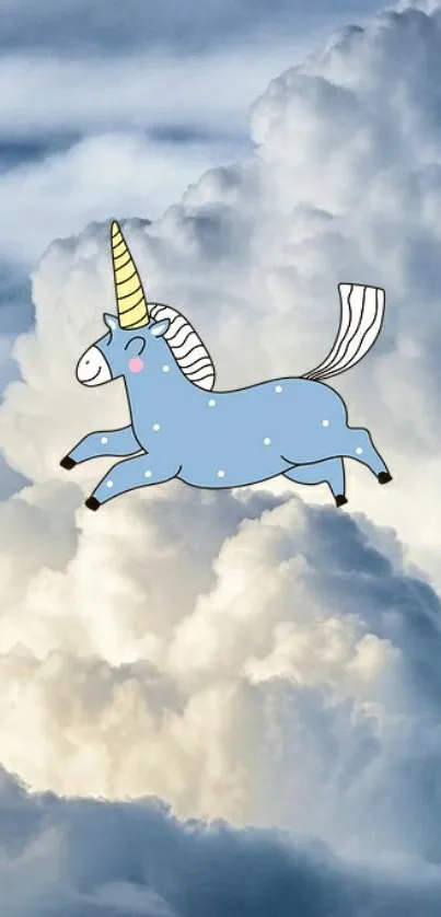 Cute blue unicorn jumps over fluffy clouds in a whimsical mobile wallpaper.